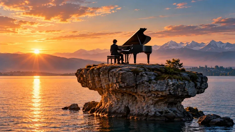 Dreizehnj&auml;hriger spielt Klavier auf dem Teufelstisch im Bodensee
